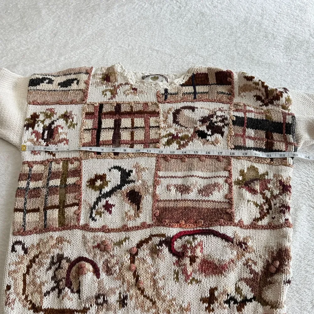 Vintage 90s Tiara International Sweater Womens Size L Multi Ramie Floral Chunky